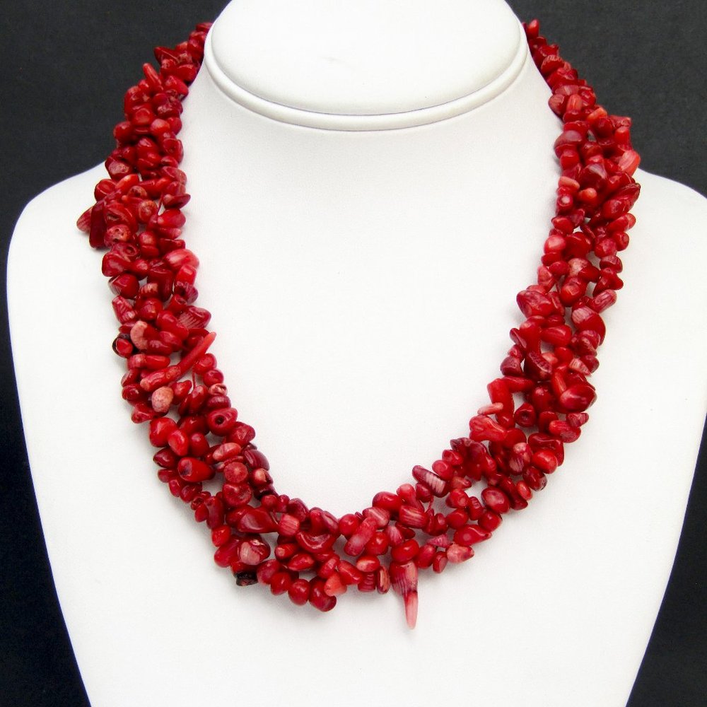 Red Coral Necklace Multistrand with Silver Toggle Clasp 18"